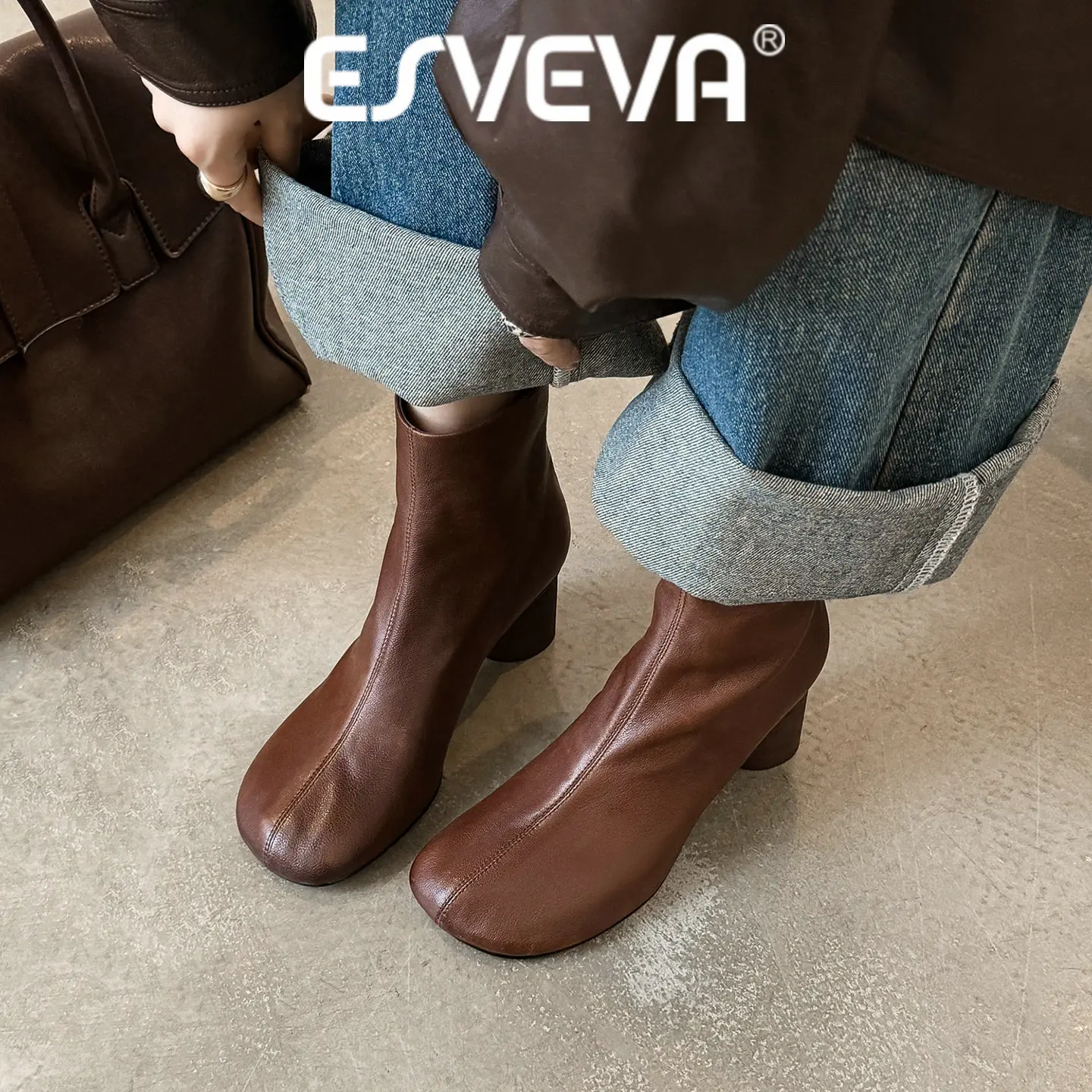 ESVEVA 2027 News Winter Women Ankle Boots Genuine Leather Woman Shoes Round Toe High Heels Zipper Autumn Dress Short Boots 34-41