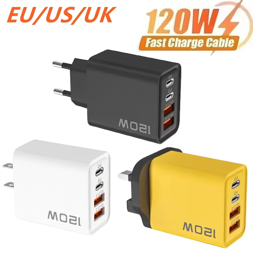 120W Total Fast Charging PD Quick Charge 4-Port USB C Wall Adapter for iPhone Xiaomi 14 Huawei Redmi OnePlus Compact Safe Design