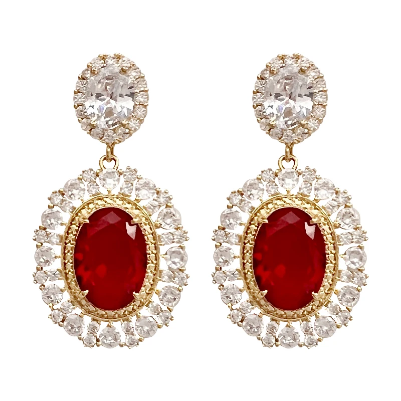 Huitan Aesthetic Gold Color Red CZ Hanging Earrings for Women Full Bling Iced Out Wedding Party Luxury Accessories Trend Jewelry