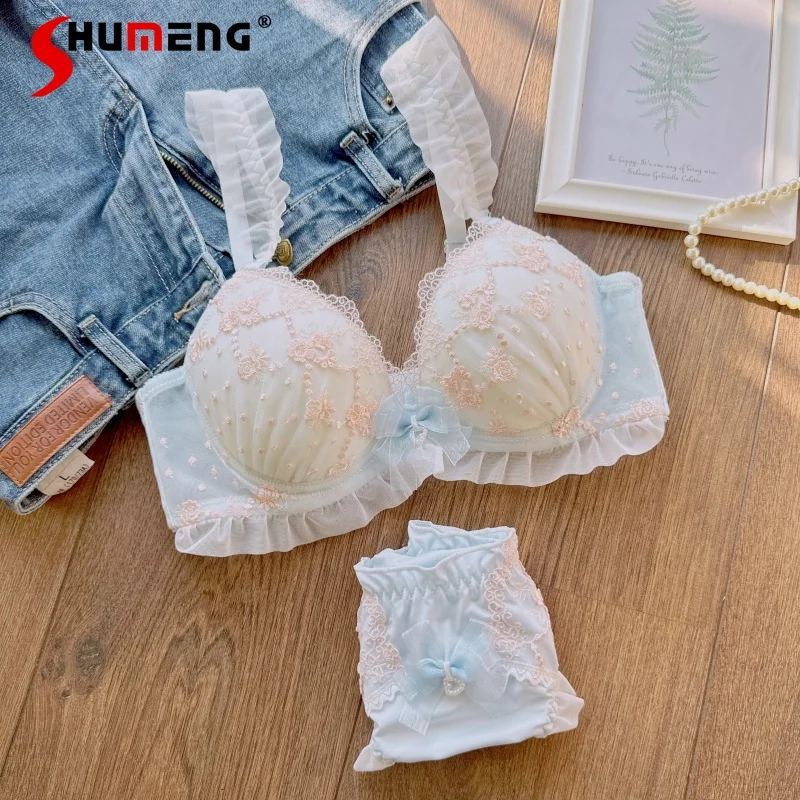 

Embroidered Wireless Bra Set for Girls Sweet Japanese Style Thin Cup Intimates Women Underwire Push Up Comfortable Brief Suits