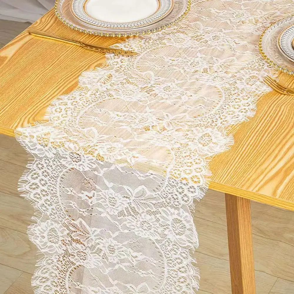 White Color Lace Table Runner Floral Embroidery Rectangular Shape Vintage Table Runners European Style Soft