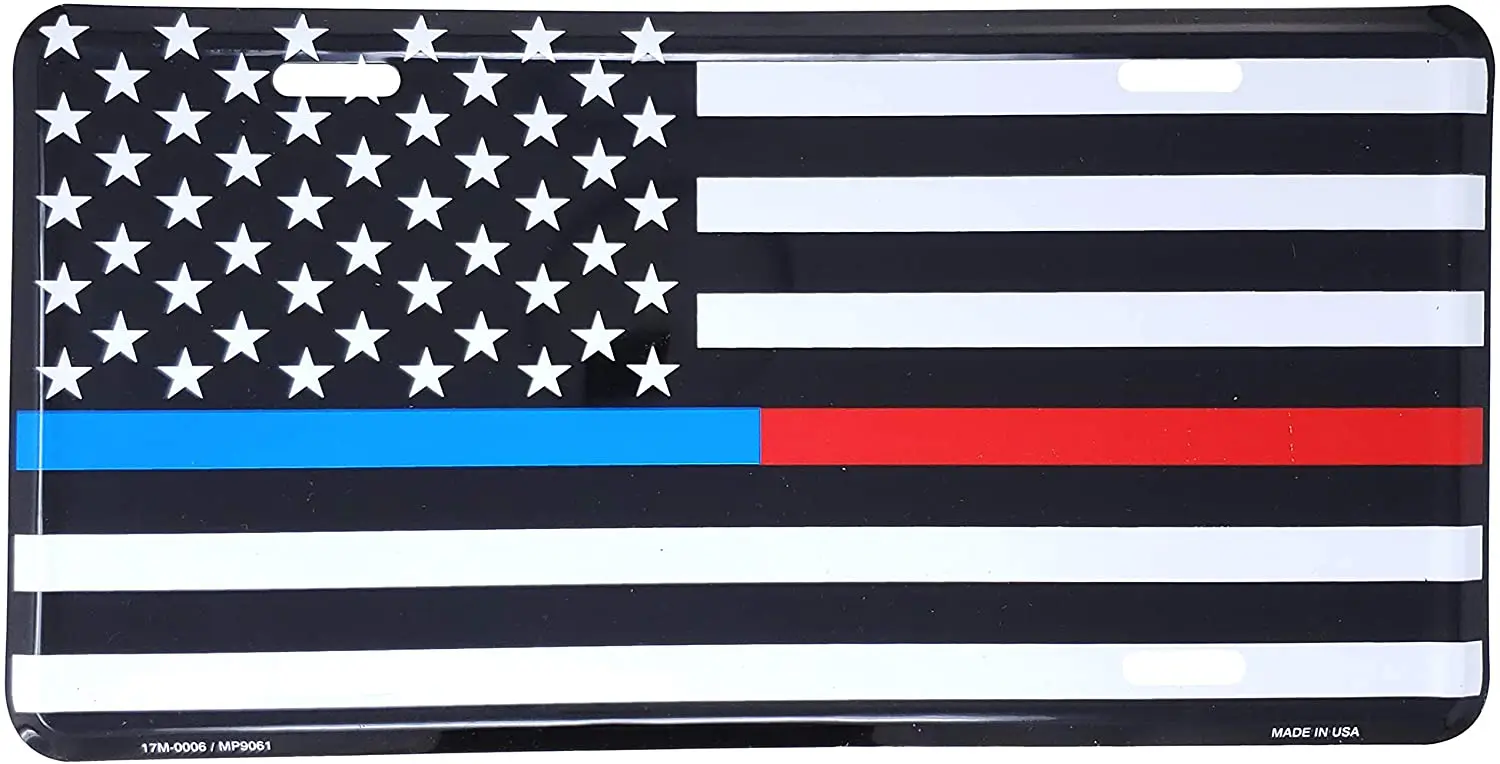 Thin Blue/Red Line USA Metal License Plate 6x12 inch Black and White American Flag Auto Tag for Cars and Trucks