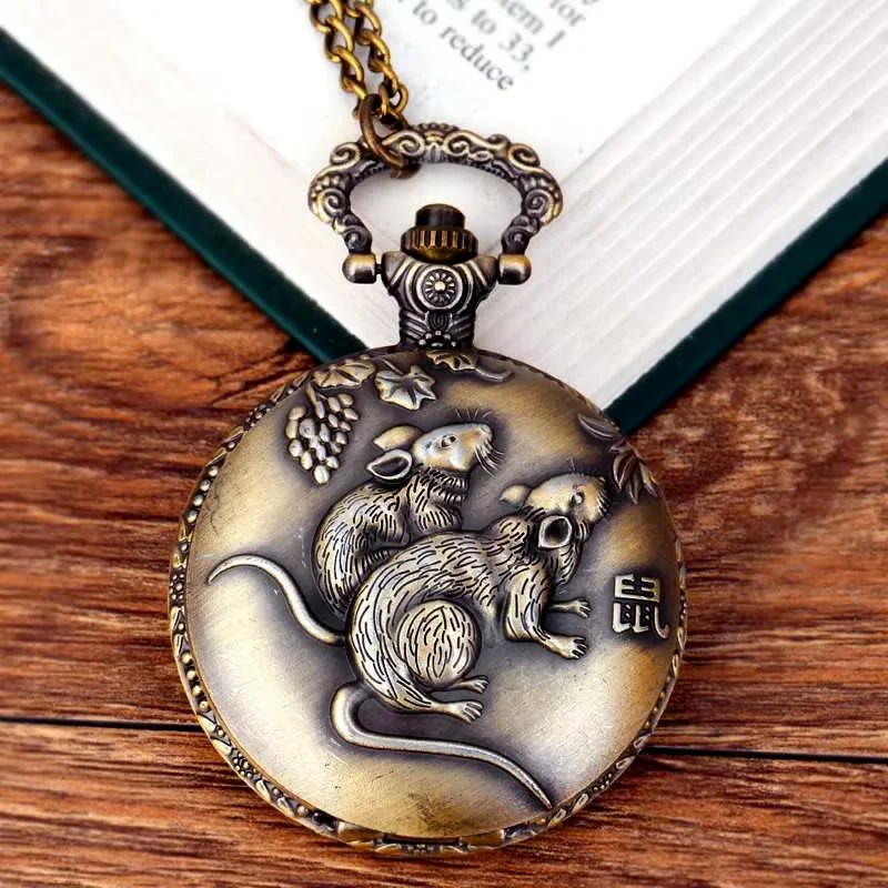 0 Chinese Zodiac Series Rat, Cow, Rabbit, Dragon Snake, Embossed Pattern, Retro Pocket Watch, Necklace, Creative Jewelry, Gifts