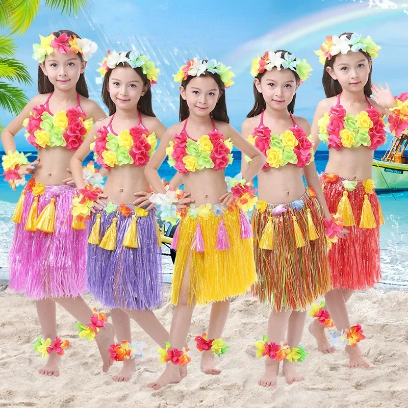 40cm Hula Grass Skirts for Children Boy Girls Hula Flower Leis Hawaiian Costumes for Luau Party Wedding Festival