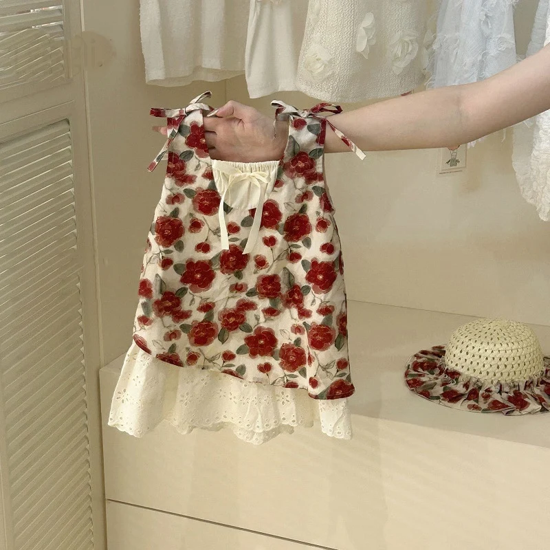 Girl Dress Summer Red Flower Girl Holiday Dress Cute Beach Dress With Hat