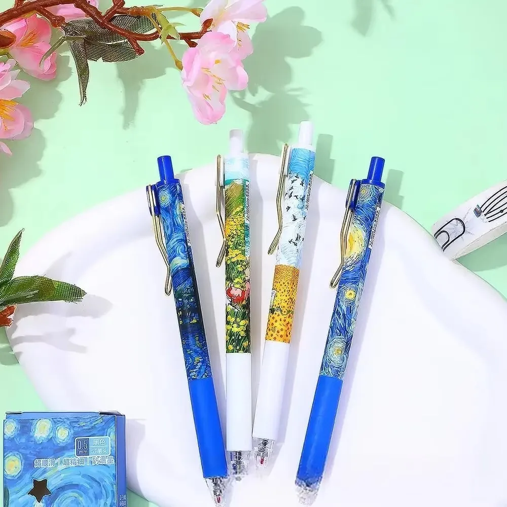 

4Pcs/Box Fashion Van Gogh Oil Painting Press Gel Pen 0.5mm Black Ink ST Ballpoint Pens Stationery Press Pen Student