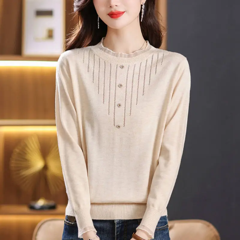 Autumn Winter Women\'s Clothing Round Neck Solid Color Pullover Long Sleeve Lace Patchwork Button Sweater Knitted Elegant Tops