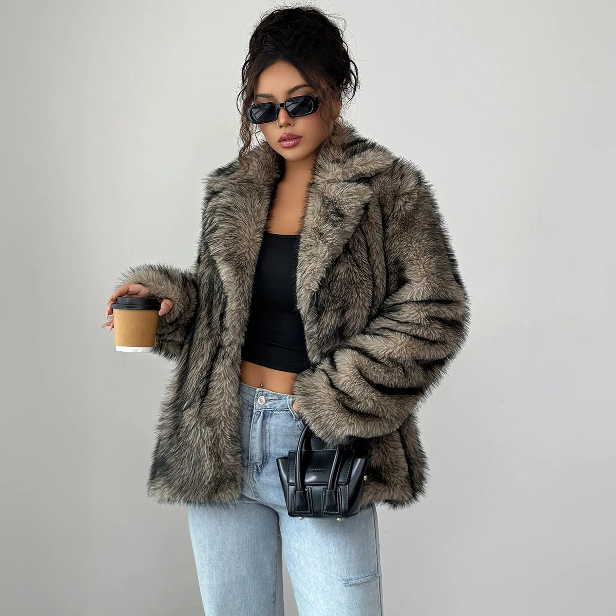 Elegant Furry Collar Long Sleeve Coat Women's Clothing 2025 Fall/Winter