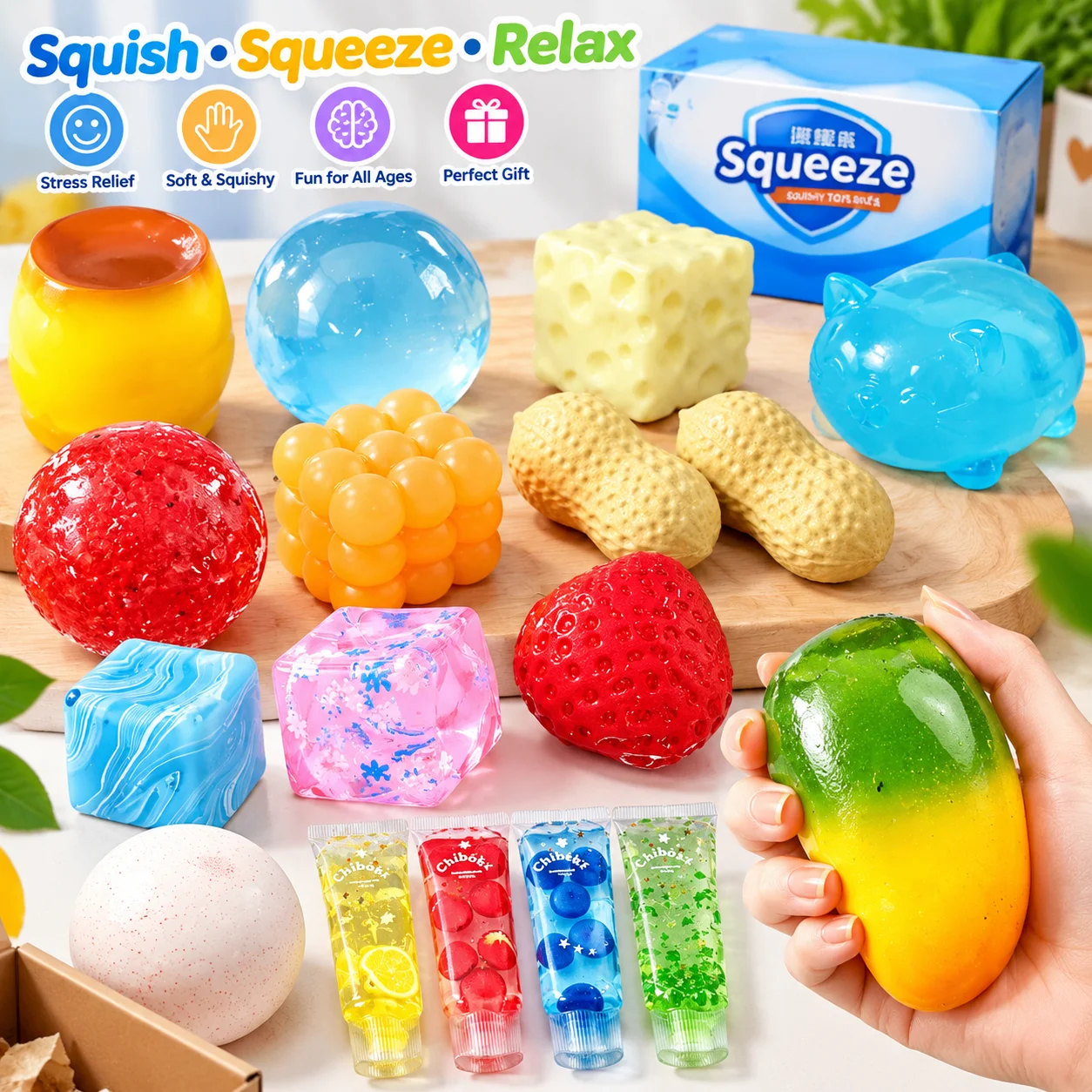 Hot Sale 20Pcs Realistic Fake Fruits Super Soft Crunchy Squeeze Ball ASMR Sensory Fidget Toy Cheese Peanut Texture Stress Relief