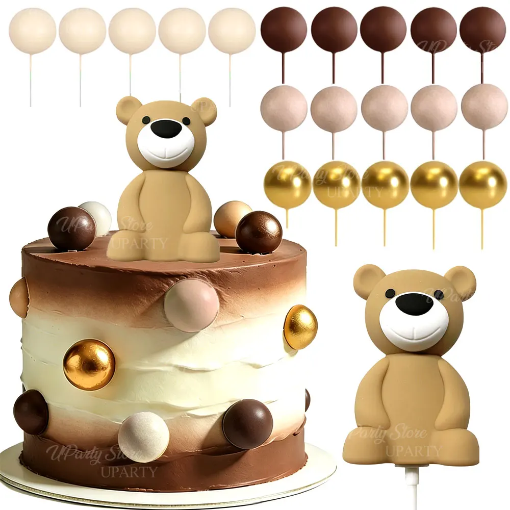 1/21pcs Brown Bear Cake Decoration Beige Brown Balls 3D Baby