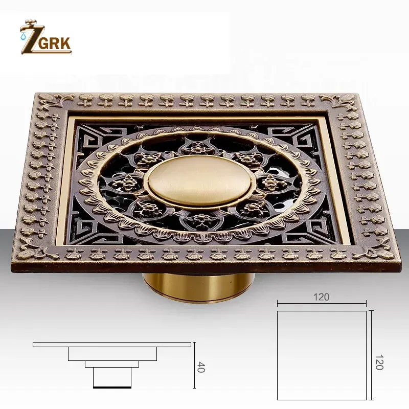 Shower Drain Antique Solid Brass Floor Drain Cover Strainer Bathroom Bath Accessories Art Carved Square Drains