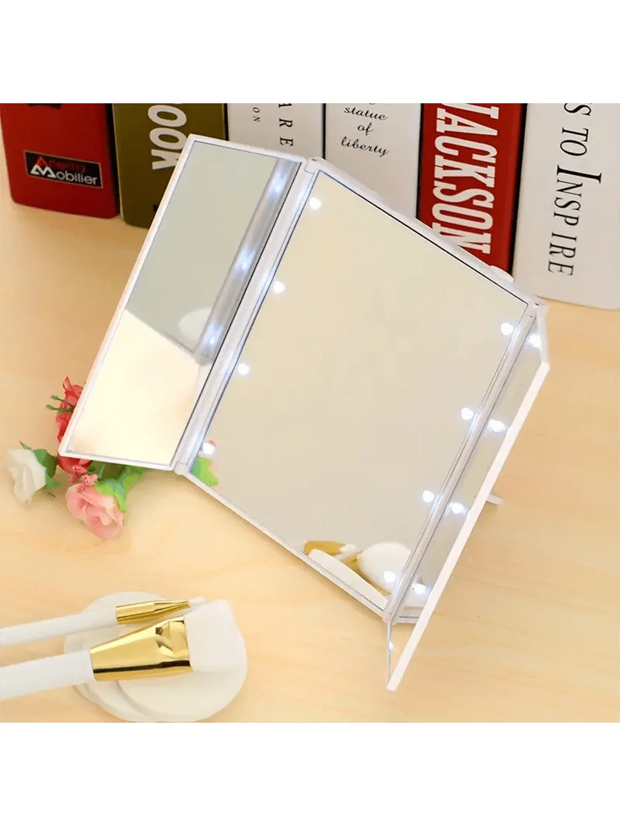 Battery-Powered White Led Folding Vanity Makeup Mirror With 8 Lights, Can Be Used As A Desktop And Portable Mirror For  Tabletop