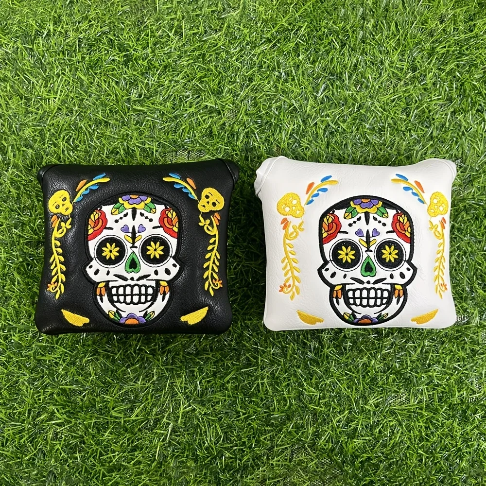 Skull-Themed Magnetic Golf Putter Headcover-Durable Faux Leather, Fits Square Putters, Perfect Gift for Men Golfers.