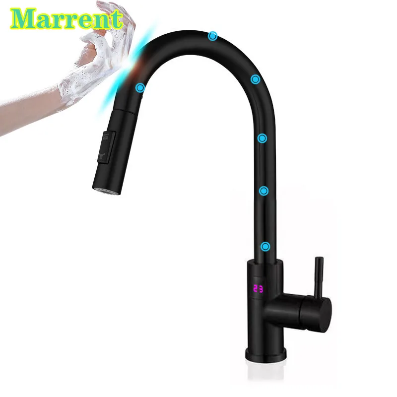 Matte Black Digital Touch Kitchen Faucet with Pull Down Sprayer Hot Cold Kitchen Sink Mixer Tap Smart Touch Kitchen Faucets