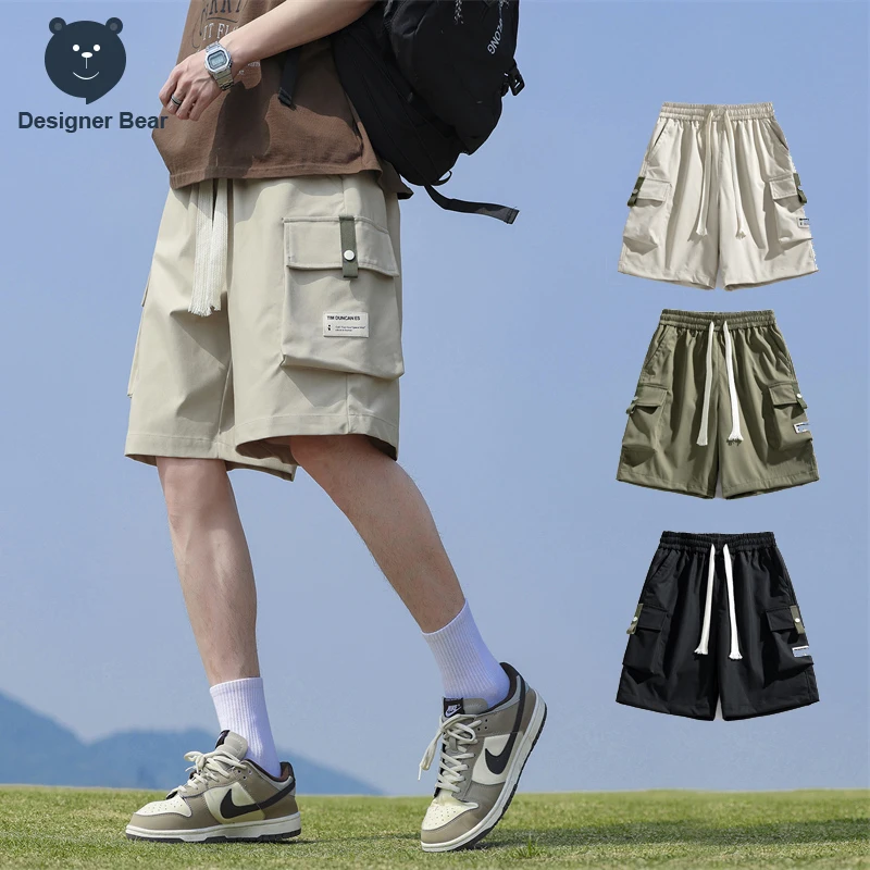 Pantalones Cortos Cargo de Verano para Hombre, Casuales, Holgados, con Múltiples Bolsillos, con Cordón, Estilo Urbano, Deportivos, hasta la Rodilla, Bermuda, Color Negro y Gris