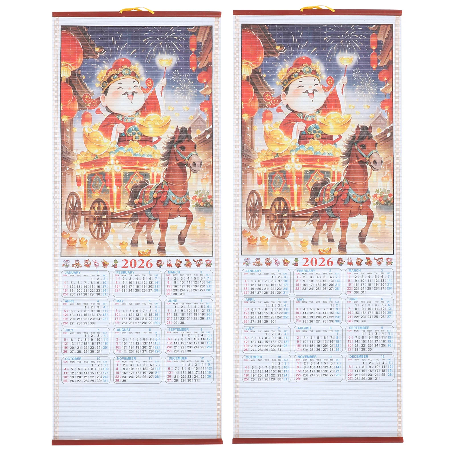 

2pcs 2026 Chinese Wall Scroll Calendar Horse Year 2026 Faux Rattan Hanging Scroll Calendar Traditional Chinese Calendar