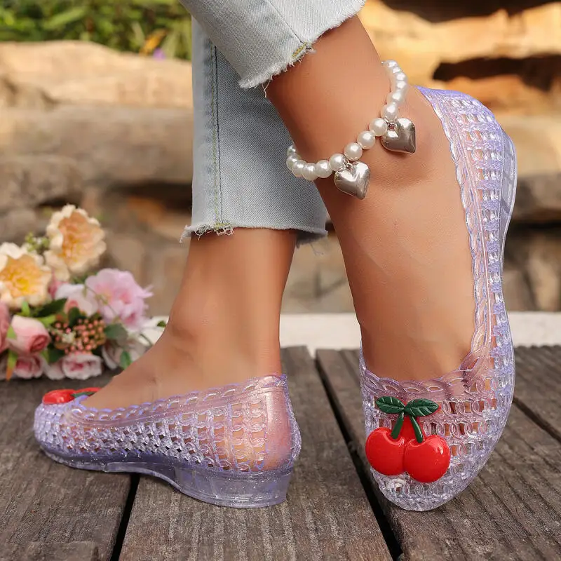 Cute Cartoon Cherry Transparent Jelly Shoes Women Summer 2026 Comfort Thick Bottom Hollow Out Clogs Sandals Women Ballet Flats view 5
