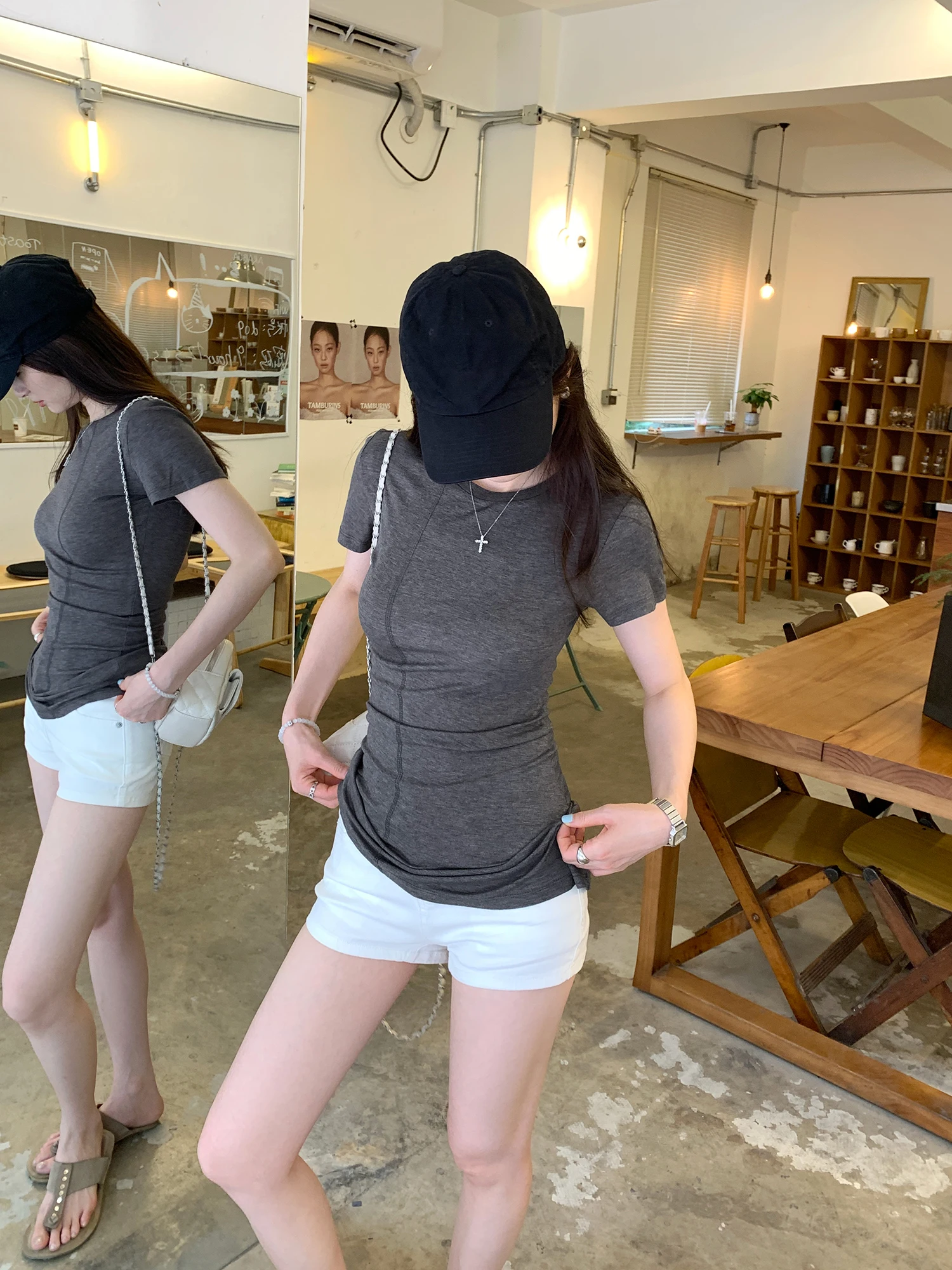Chic Grey round Neck Short Sleeve T-Shirt Women's Slim Fit Shoulder High Lycocell Korean Style Inner Wear Top Summer New
