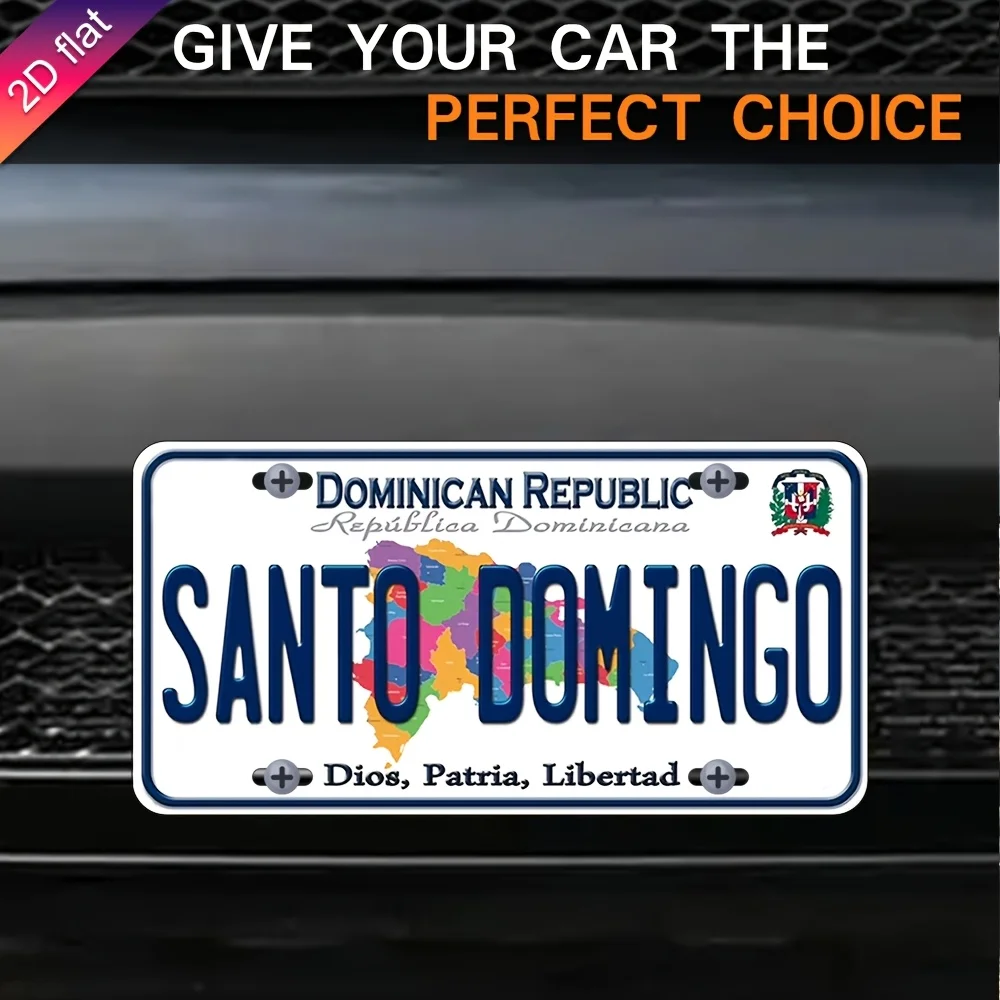 ديكور حائط لوحة ترخيص من الألومنيوم - خريطة سانتو دومينغو مطبوعة بالأشعة فوق البنفسجية وتصميم علم جمهورية الدومينيكان، لوحة معدنية مقاومة للطقس