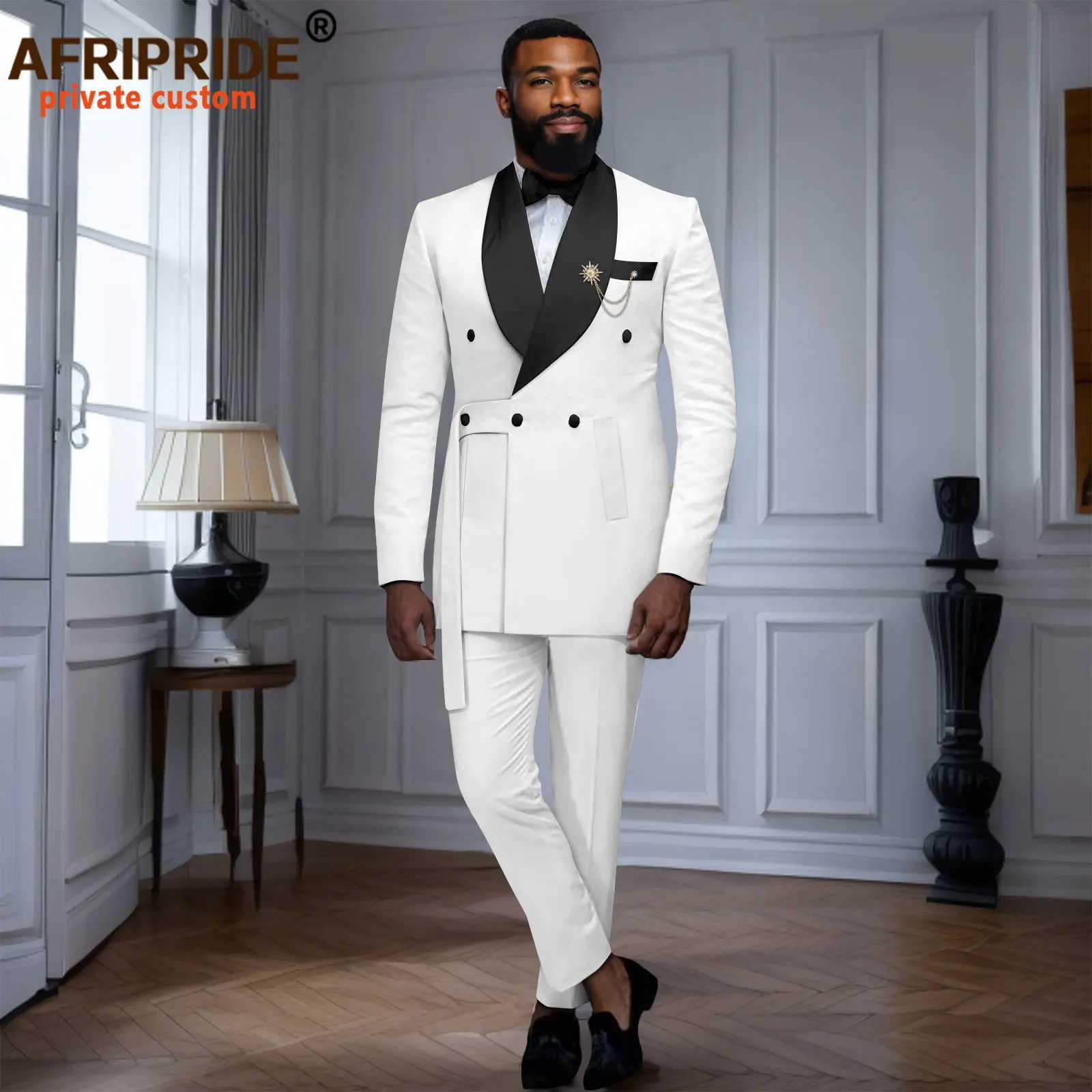 

Men`s Bussiness Suit Double Breasted Slim Fit Brooch Blazer and Trousers 2 Piece Set Dashiki Tuxedo African Clothes 2516022