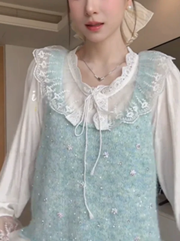 Mint Green Knitted Crop Top Women's Short Layering Base Layer Vest Summer Fashion Sweet Lace Trimed Halter Neck Tank Top