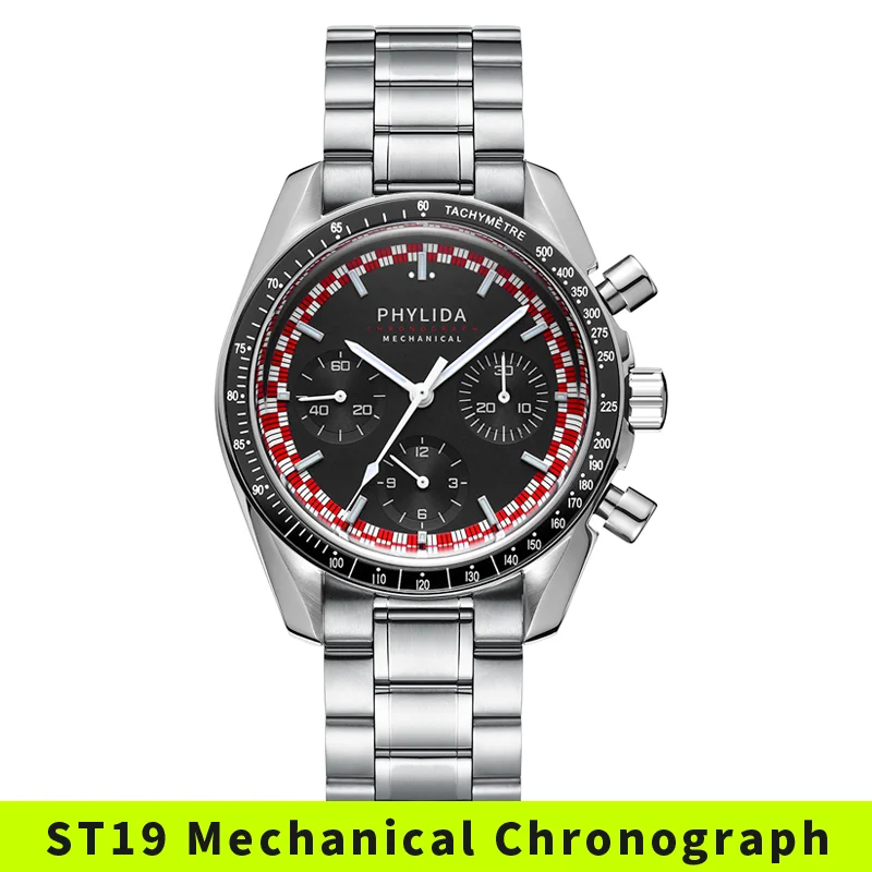 PHYLIDA 40mm Men's Watch ST19 Mechanical Chronograph Wristwatch Hand Winding Top Hat Sapphire Crystal Speedy Limited Edition