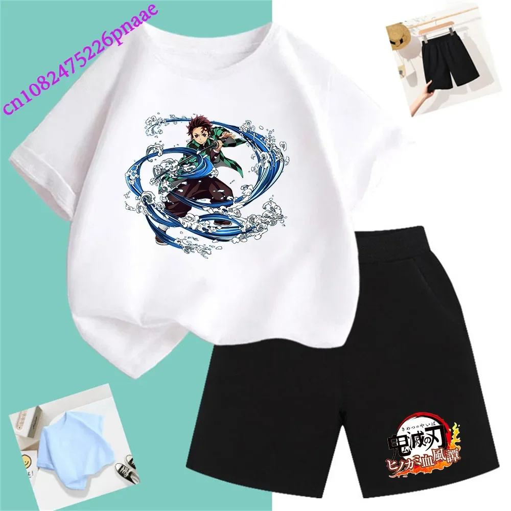 Demon Slayer t shirt Fashion Summerdress2024 Short Kid Short T-shirt Baby Tee Sets Fashion Casual O-neck Breathable KawaiiShorts