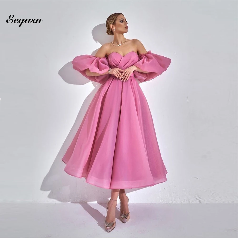 

Hot Pink Organza Formal Evening Dresses Short Sleeve Saudi Arabic Women Midi Prom Gowns Party Robe de soiree Abendkleider