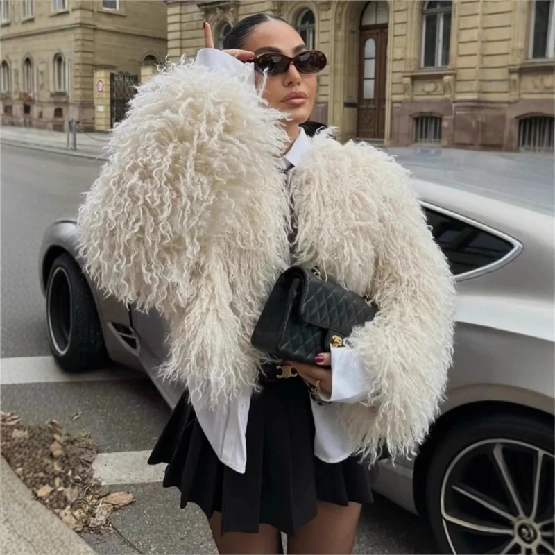 Chaquetas de piel sintética con solapa, chaqueta peluda corta blanca de lana sintética lisa, abrigo de felpa esponjoso 2025, Tops elegantes informales gruesos y cálidos de lujo