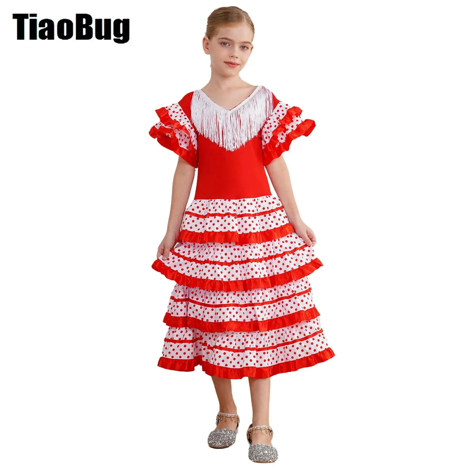 

Child Girls Flamenco Dress Stage Performance Costume Tassel V Neck Ruffled Sleeve Dots Tiered Ruffles Color Block Dance Dress