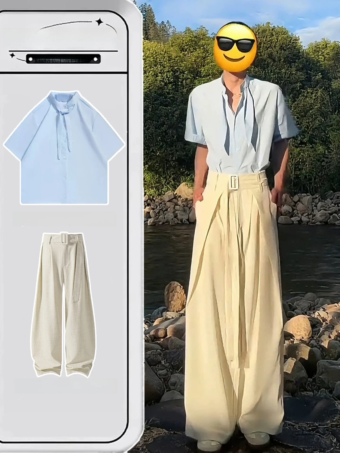 

Blue Sash Design Short Sleeve Men's Shirt Summer Thin Sun Protection Ice Silk Linen West Pants One Set Lightweight Fashionable