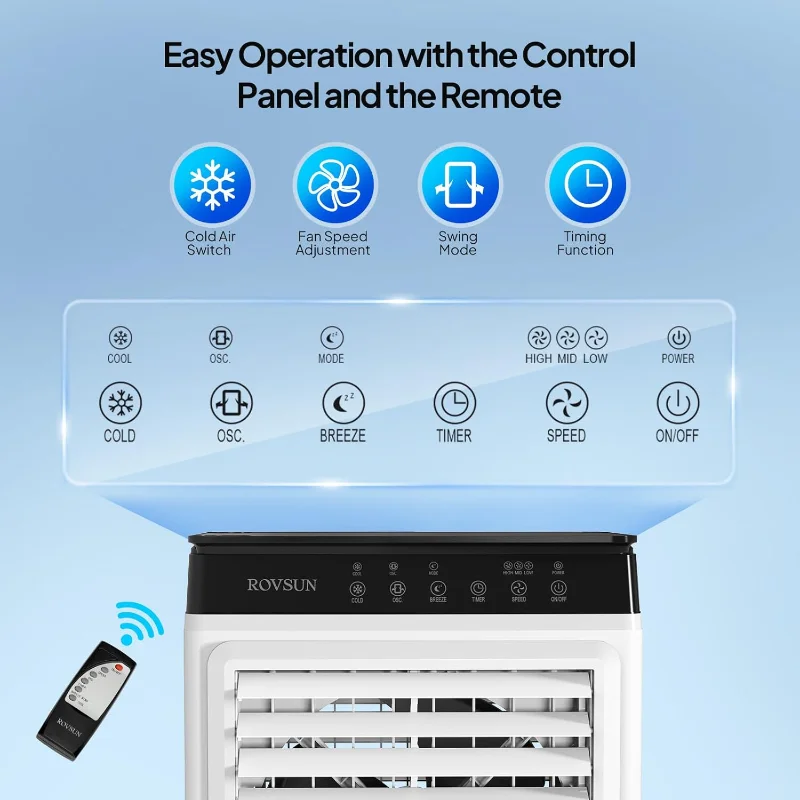 مبرد هواء محمول ROVSUN 2300CFM، مبرد مستنقع تبخيري 7.9 جالون/30 لتر، مروحة تبريد 3 في 1 مع جهاز تحكم عن بعد، مؤقت 12 ساعة