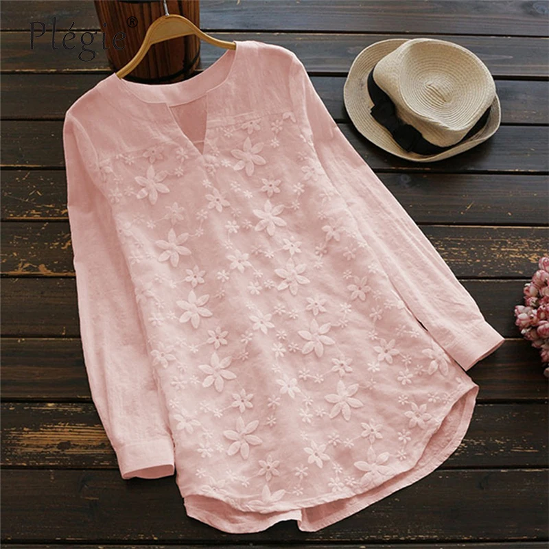 Spring Long Sleeve Shirt for Women 2023 Vintage Elegant Floral Embroidery White Top Large Size Womens Tops and Blouses