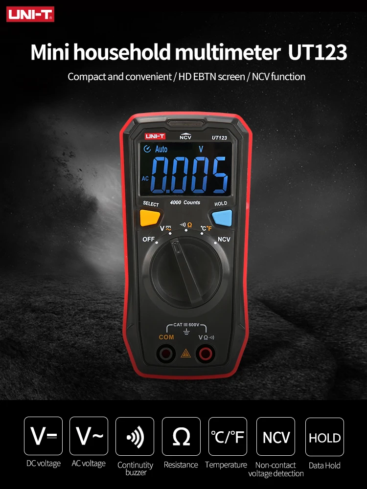 UNI T UT123 UT123D Mini Digital Multimeter Auto Range AC DC Voltage Meter Resistance Capacitance Frequency Tester NCV