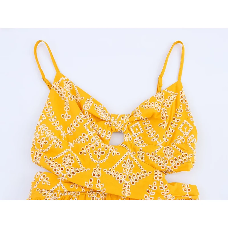 Sexy Spaghetti Straps Floral Embroidery Hollow Out Dresses Women Summer 2025 A-line Midi Dress Yellow Vestidos