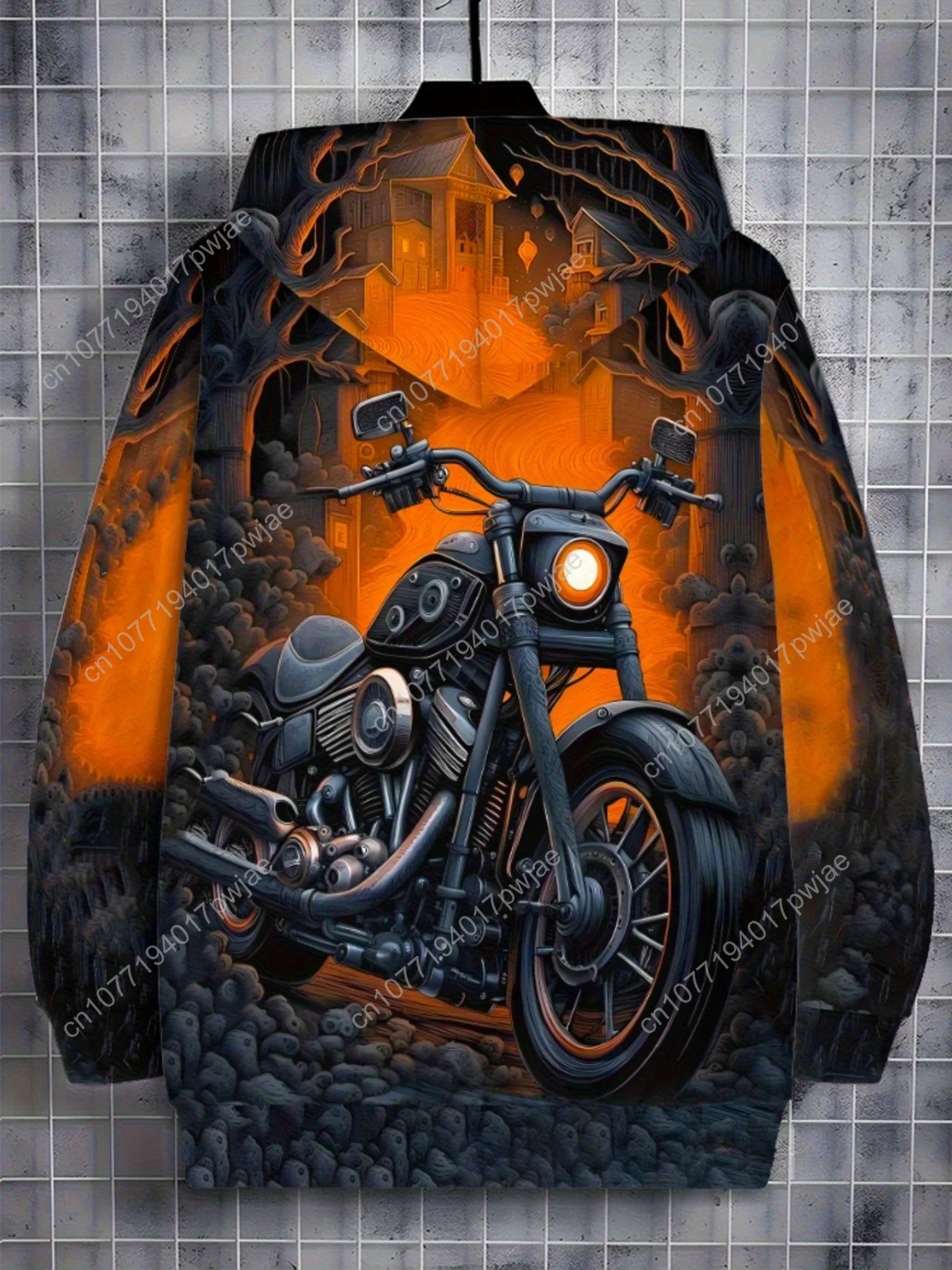 Moletom masculino estiloso com estampa de motocicleta – poliéster durável, leve e respirável, laranja com detalhes pretos, design com zíper para