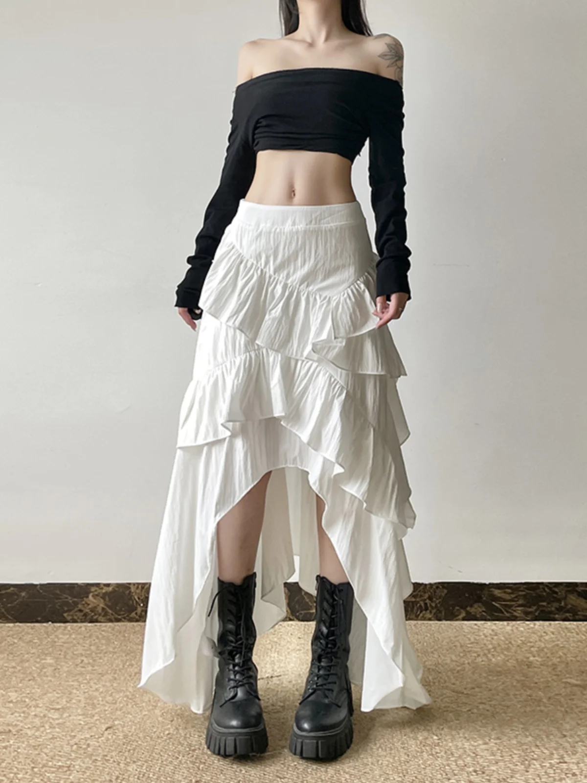 New Japanese Harajuku Cool Girl Fashion White Irregular Skirts Female Temperament Slim Sweet Kawaii Long Skirts