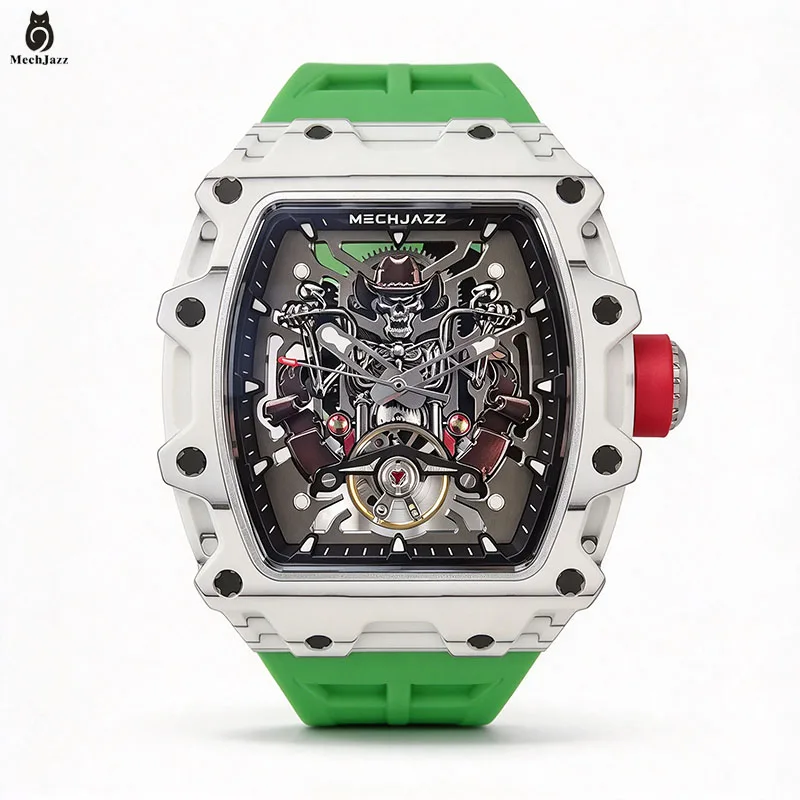 Men's Automatic Mechanical Watch Tonneau Hybrid Carbon Fiber & Stainless Steel Case 3D Skull Motorcycle Dial Sport Wristwatch
