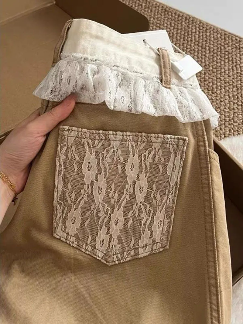 GG Khaki Lace patchwork Jeans For Women's Autumn Winter Loose Wide Leg Pants Versatile Casual Denim Pants Korean Version Trouser