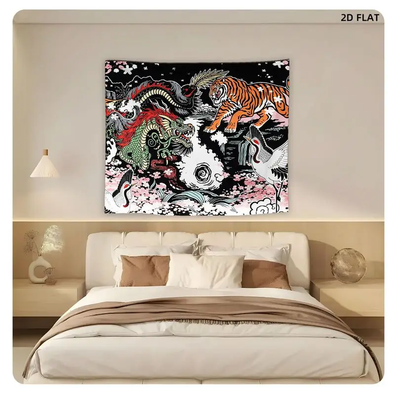 VIKAMA Oriental Dragon, Tiger, and Crane Tapestry, Asian Aesthetic Wall Hanging, Traditional Decor for Bedrooms and Living Rooms