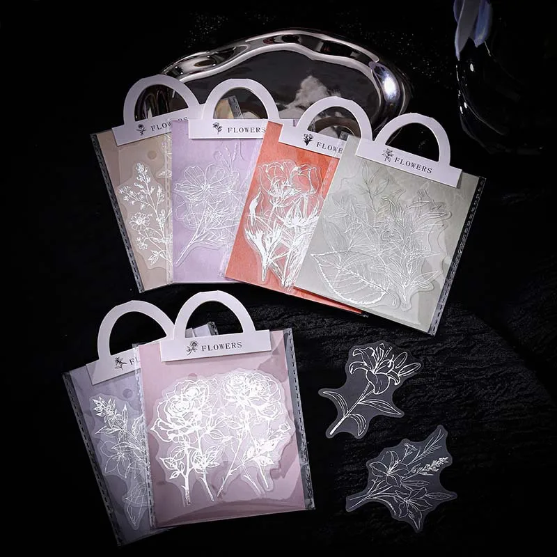 1pack/2pack Silver Foil Sticker Graceful Blooms Series 6 Designs Line Drawing Floral Theme Scrapbook Base Decoration Materials