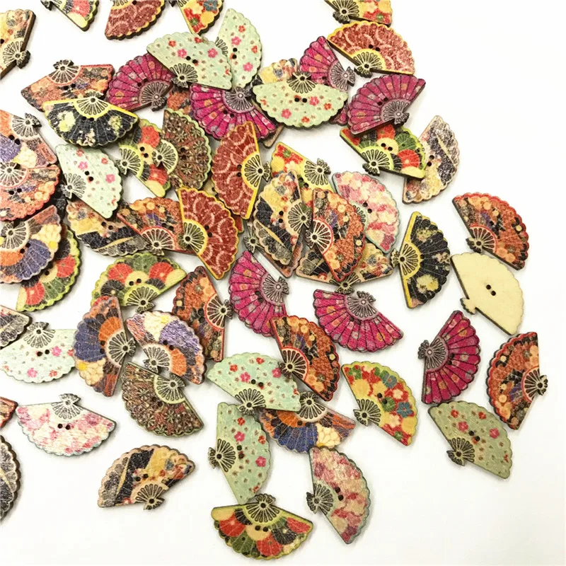 50PCS Mixed Wooden Sewing Buttons Scrapbooking Fan Mixed Two Holes Retro Crafts Home Decor Accessories DIY 30MM Craft Buttons