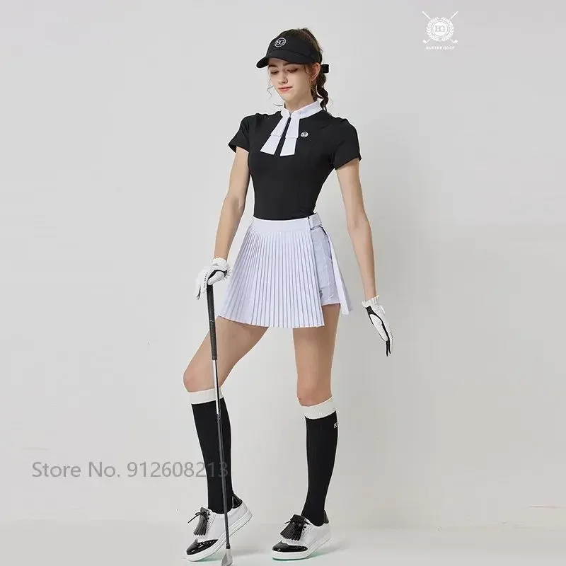 Blktee Women Breathable Golf Shirt With Bow Tie Short Sleeve T-shirt Ladies Elastic Pleated Golf Culottes Quick Dry Skirt Suits