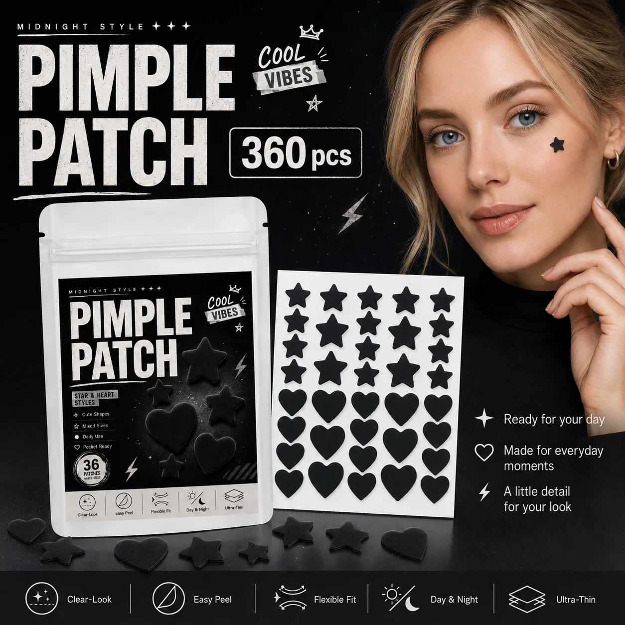 360pcs Black Star & Heart Pimple Patches, Mixed-Size Face Stickers, Ultra-Thin, Breathable, Day & Night, Photo-Ready