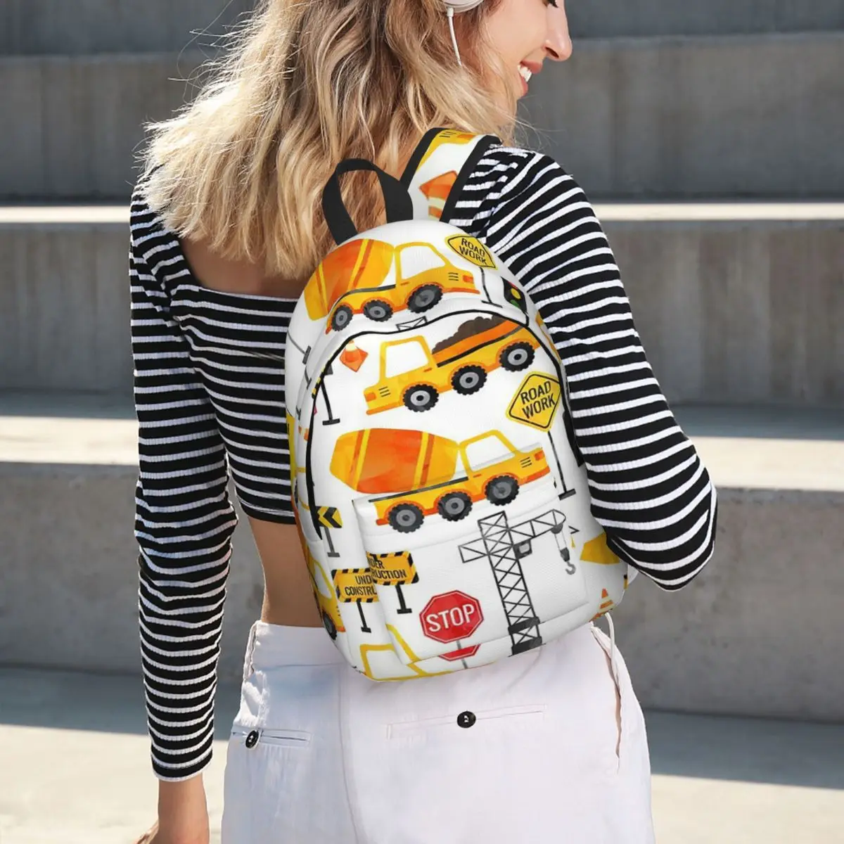 Road Work Watercolor Construction Vehicles Student Backpack School Bag Hiking Travel Daypack for Men Women Bookbag Shoulder Bags