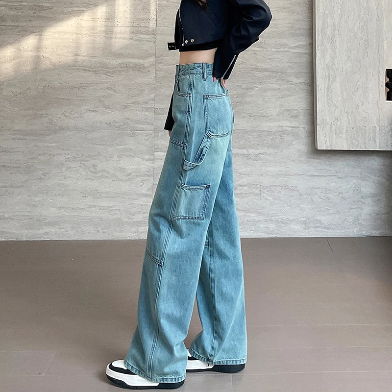 2026 New Cargo Jeans Women High Waist Narrow Straight Leg Workwear Denim Pants Multi Pocket Patchwork Trousers Casual Streetwear