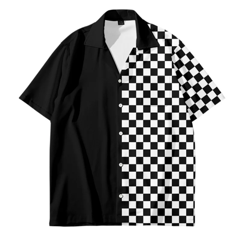 Camisas hawaianas con patrón de tablero de ajedrez para hombre, ropa de calle de tendencia, manga corta, solapa, informal, estampado 3D, blusa de gran tamaño