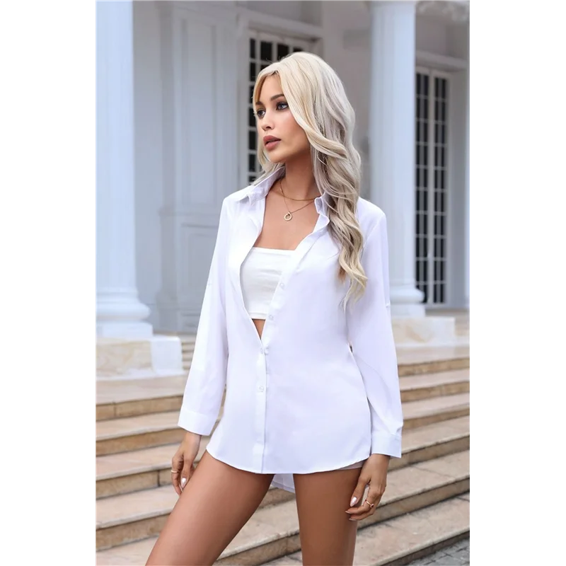 ABRT-Damska koszula z długim rękawem, rozciągliwa, zapinana na guziki, miękka, podstawowa, niezmarszczająca się, do pracy, biznesowa, formalna, codzienna bluzka