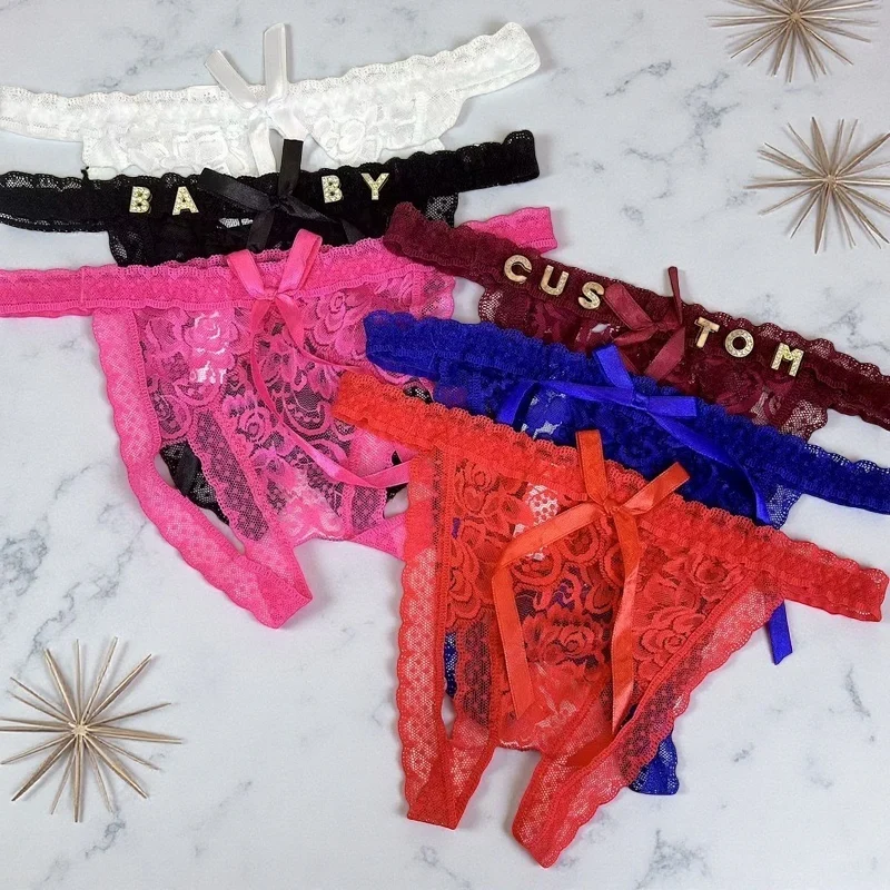 

Sexy Lace Name Panties Custom Thongs Women Personalized Crystal Letter Name Panties OpenCrotch G-string Bowkont Underwear Gift