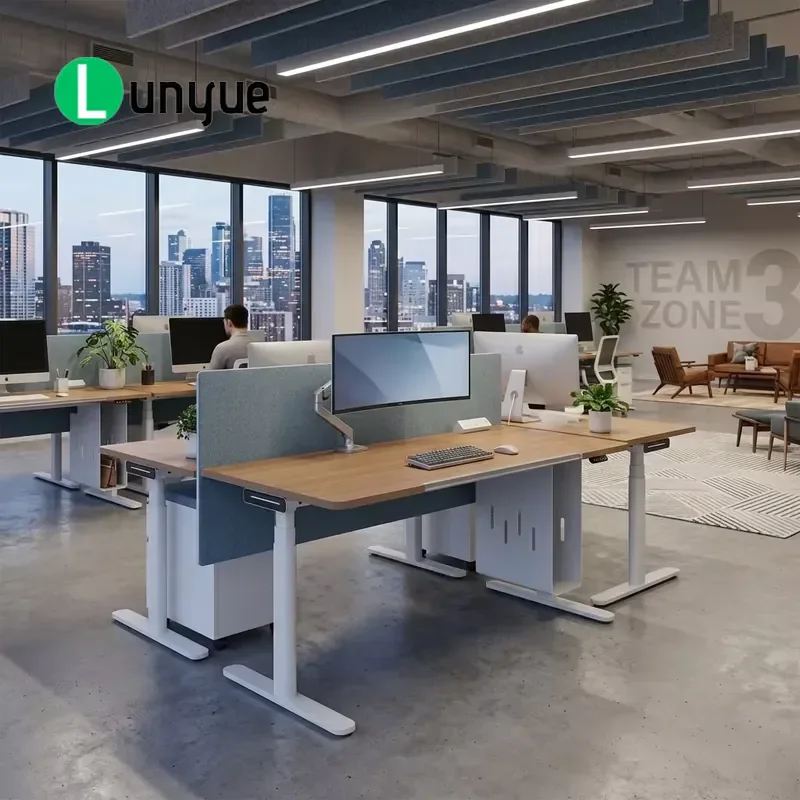 Modern Electric Height Adjustable Standing Desk and Chair Set Metal Frame Wooden Top Ergonomic Office Furniture with Mobile